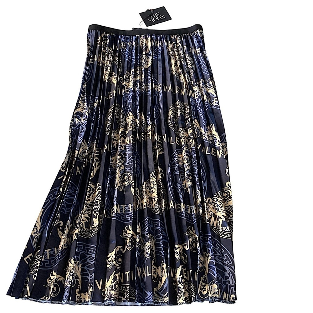 The Moon Satin Navy & Gold Pleated Skirt Stretch Waist New with Tags Size Large